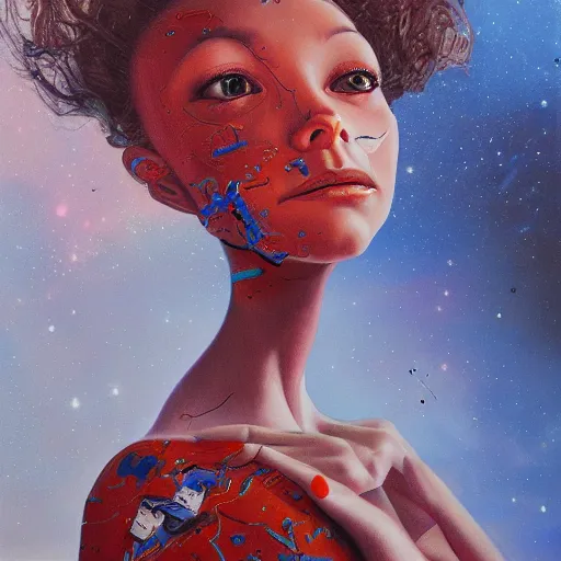 Prompt: oil painting of a humanoid lady lost in space, james jean