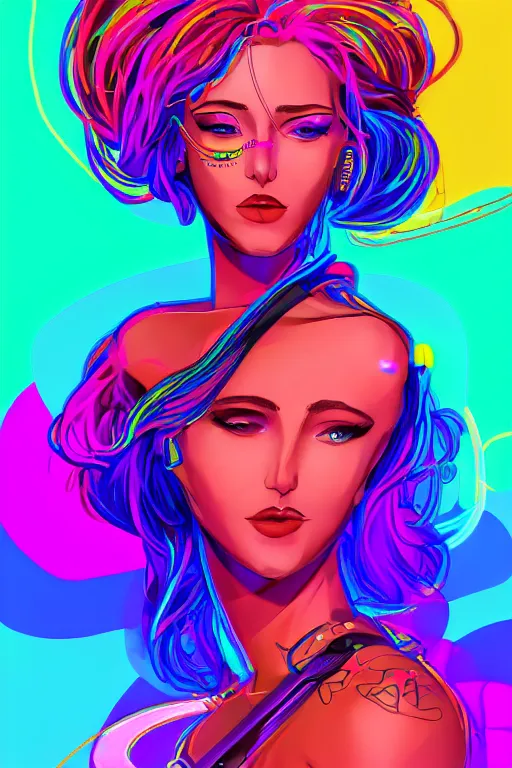 Image similar to a award winning portrait of a beautiful woman with stunning eyes in a one off shoulder crop top and cargo pants with rainbow colored hair, outlined by whirling illuminated neon lines and fine lines swirling in circles by greg tocchini, digital art, trending on artstation