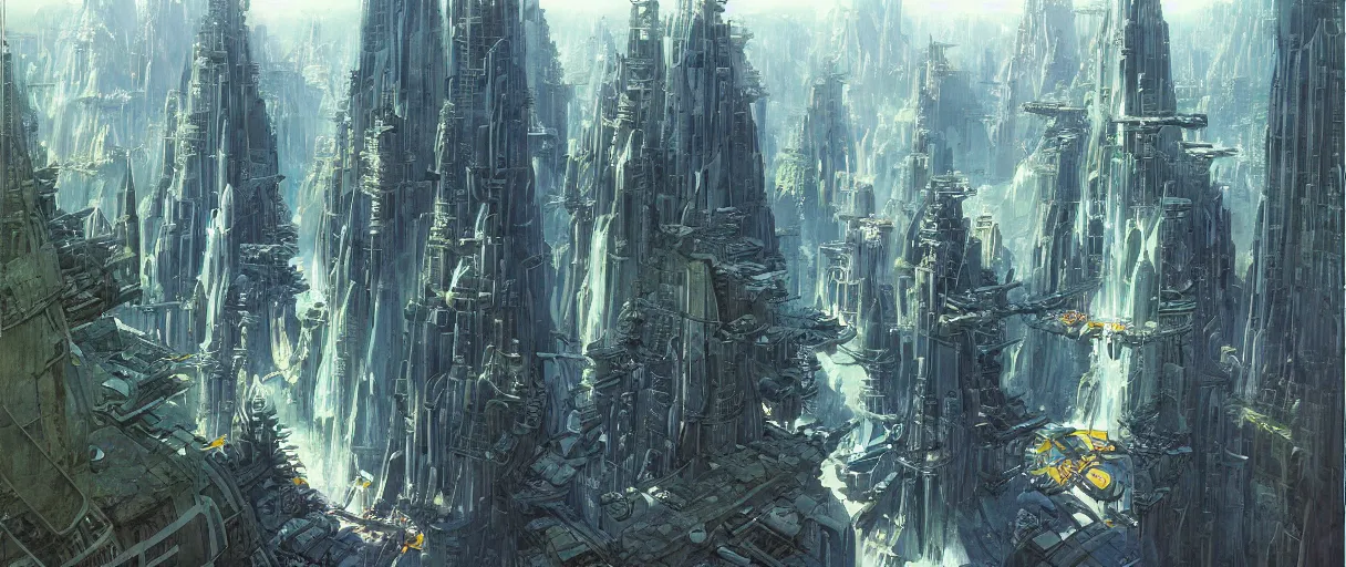 Image similar to A beautiful illustration of a futuristic city built across a world of waterfalls by Robert McCall and Ralph McQuarrie | sparth:.2 | Time white:.2 | Rodney Matthews:.2 | Graphic Novel, Visual Novel, Colored Pencil, Comic Book:.6 | unreal engine:.3 | | viewed from above | establishing shot:.7