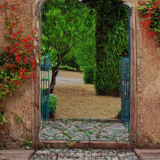 Image similar to delicate, chairs, garden, paved, botanic photography, iridescent, 8 k, realistic shaded, fine details, artstation, italian, iron gate, tree, mediterranean