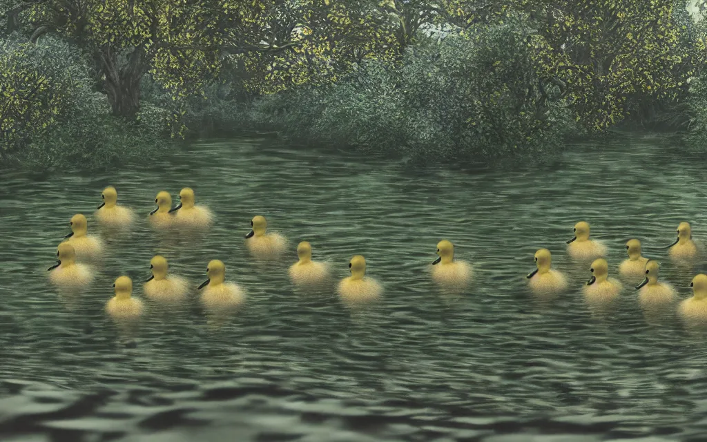 Image similar to one large duck swimming and many small ducklings in a row, 1 black duckling, in a pond, around trees, plants and rocks, bright sky, gray clouds, rays of light, dramatic atmosphere, reflections, highly detailed, cinematic lighting, perfect composition, 4 k, gustave dore, derek zabrocki, greg rutkowski, belsinski, octane render