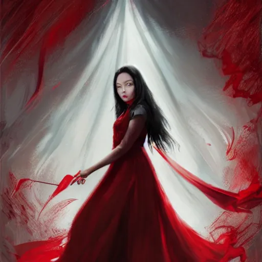 Image similar to stunning comic book style portrait painting of Long Black Haired asian woman wearing red dress, red eyes, in the style of WLOP, 8k masterpiece, cinematic lighting, pristine clean design, high fantasy, insanely detailed, atmospheric,