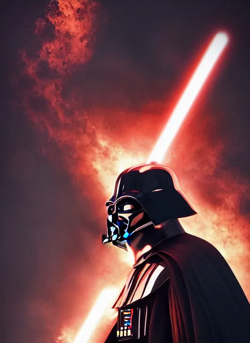 Image similar to darth vader from star wars posing, flames, dark atmosphere, cinematic shot, intricate, ornate, photorealistic, ultra detailed, realistic, 1 0 0 mm, photography, octane, high definition, depth of field, realism, 8 k, artstation