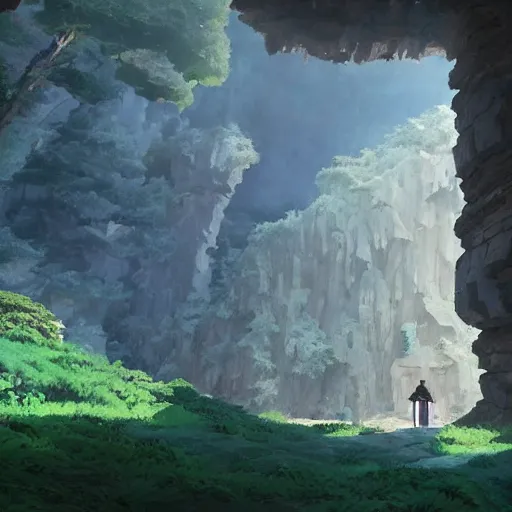 Image similar to beautiful painting of Entrance to a dungeon at the base of an ancient mountain in the morning light, in the style of Studio Ghibli, by Hayao Miyazaki. Octane Render, Unreal Engine, PBR, realistic lightning