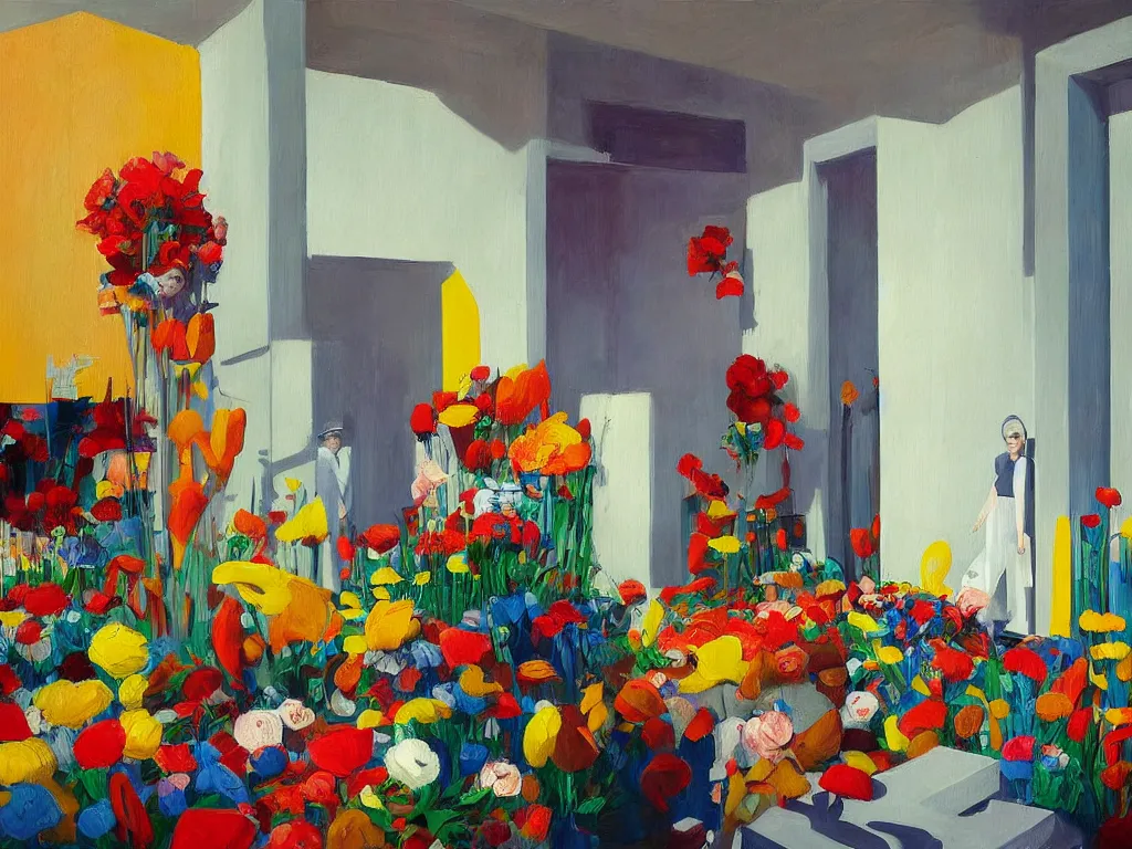 Image similar to colorful minimalist industrial interior hallway with monolithic pillars in the style of ridley scott and stanley kubrick, impossible stijl architecture, bed of flowers on floor, ultra view angle view, realistic detailed painting by edward hopper