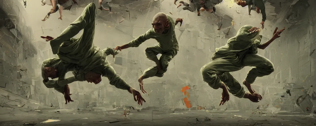 Prompt: duotone olive green grey illustration 3 / 4 portrait of gollum breakdancing wildly on the floor. dynamic chaotic composition accidental renaissance golden ratio. by sachin teng and sergey kolesov and ruan jia and heng z. graffiti art, scifi, fantasy, hyper detailed. octane render. concept art. trending on artstation