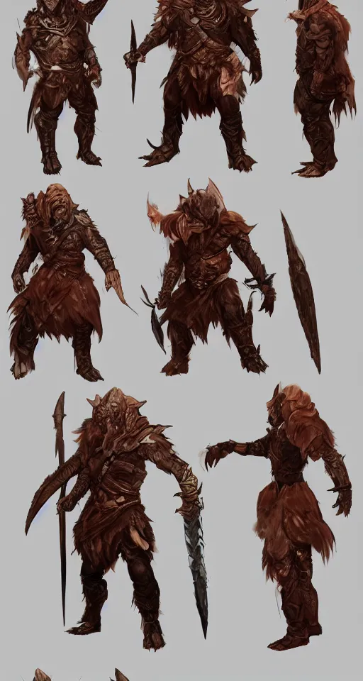 Image similar to concept art of a wounded, copper DnD dragonborn barbarian with a lot of battlescars, character design, concept art, render, fullbody shot turnaround, trending on artstation