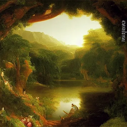 Prompt: a giant bird bath in a beautiful landscape, golden hour lighting, painting by thomas cole