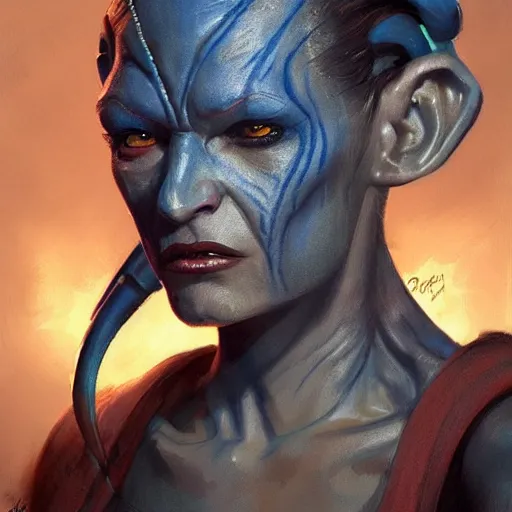 Image similar to portrait of a female Twi'lek by Greg Rutkowski, blue skin, she is about 30 years old, wearing black sith uniform, Star Wars Expanded Universe, highly detailed portrait, digital painting, artstation, concept art, smooth, sharp foccus ilustration, Artstation HQ