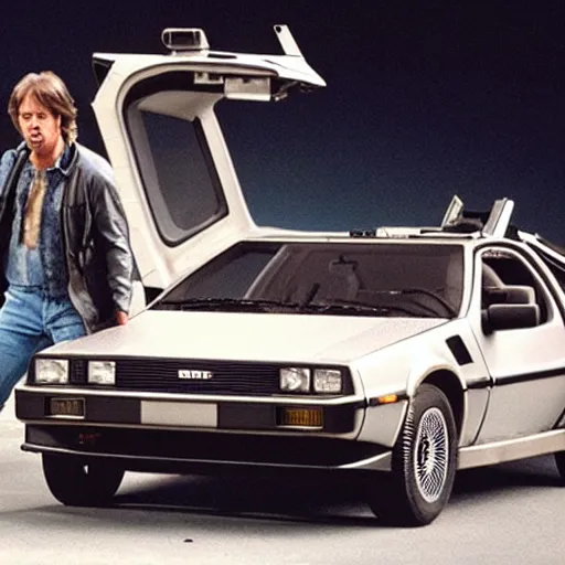 Prompt: a movie where the main protagonist is a delorean with a gun on the run