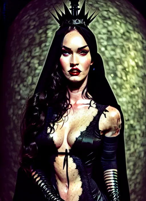 Image similar to megan fox witch queen, black eyes, blood, full body, intricate victorian dress, middle shot, cinematic lighting, studio quality, symmetrical eyes, caravaggio, artgerm, joshua middleton, rafael albuquerque, moody lighting, candles