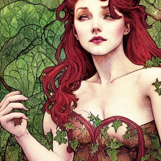 Image similar to a beautiful painting of poison ivy as an up and coming attorney who can't balance her life for love, dark eyeliner, intricate, elegant, highly detailed, digital painting, artstation, concept art, matte, sharp focus, illustration, art by rebecca guay and by arthur rackham and by alphonse mucha and by john william waterhouse