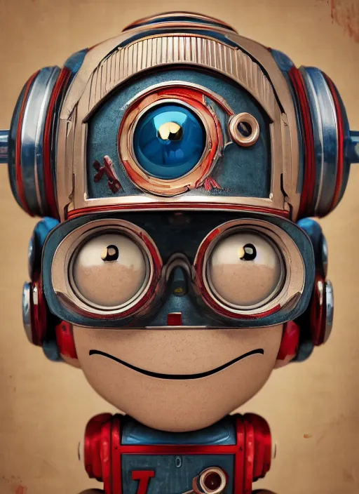 Image similar to closeup portrait of tin toy robot rebellion, depth of field, zeiss lens, detailed, symmetrical, centered, fashion photoshoot, by nicoletta ceccoli, mark ryden, lostfish, earl nore, hyung tae, frank frazetta, breathtaking, 8 k resolution, extremely detailed, beautiful, establishing shot, artistic, hyperrealistic, octane render