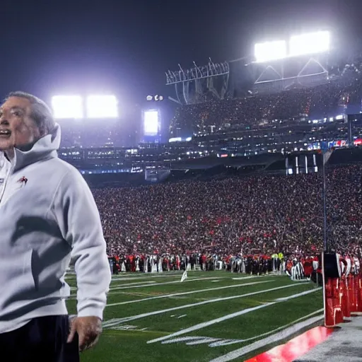 Prompt: Godzilla attacking Gillette Stadium as coach Belichick desperately tries to defend it