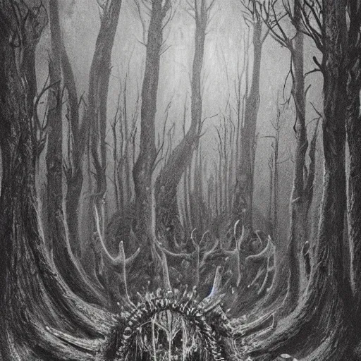 Image similar to occult sacrifice in the woods, skinwalkers involved, detailed concept art beksinski style