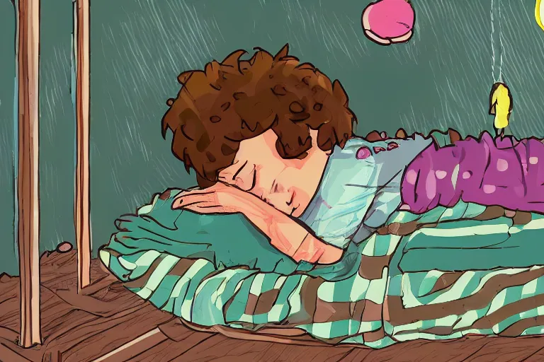 Image similar to Digital illustration of a kid sleeping on his bed at night, cute