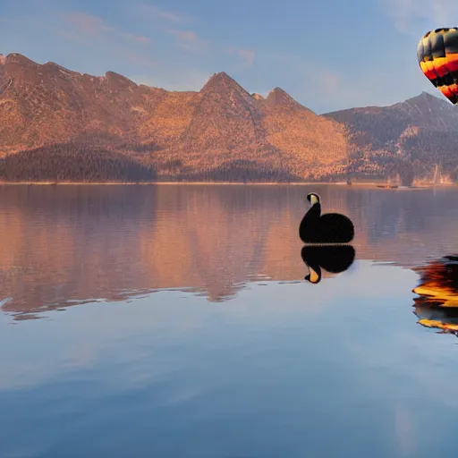 Image similar to photo of two black swans swimming in a beautiful reflective mountain lake, touching heads, forming a heart with their necks, a colorful hot air balloon is flying above the swans, hot air balloon, intricate, 8k highly professionally detailed, HDR, CGsociety