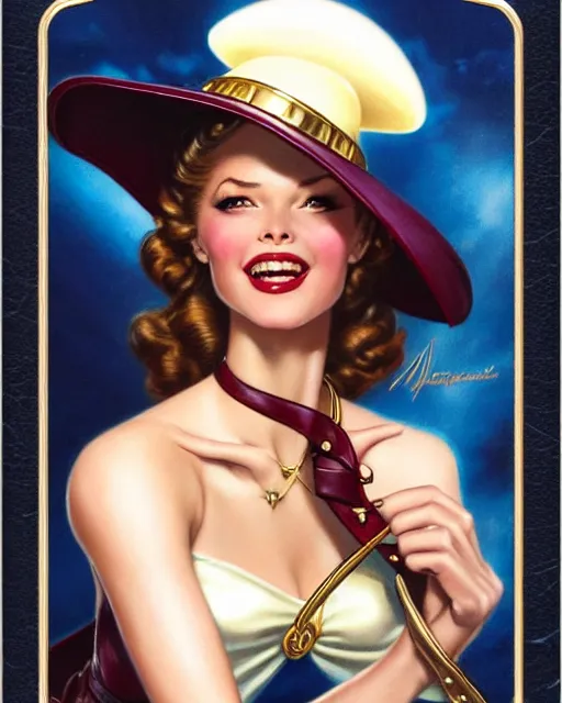 Image similar to a beautiful lady on a magic the gathering card by magali villeneuve and gil elvgren, crisp details, hyperrealism, smiling, happy, feminine facial features, stylish navy blue heels, gold chain belt, cream colored blouse, maroon hat, windblown, holding a leather purse, mtg card, mtg