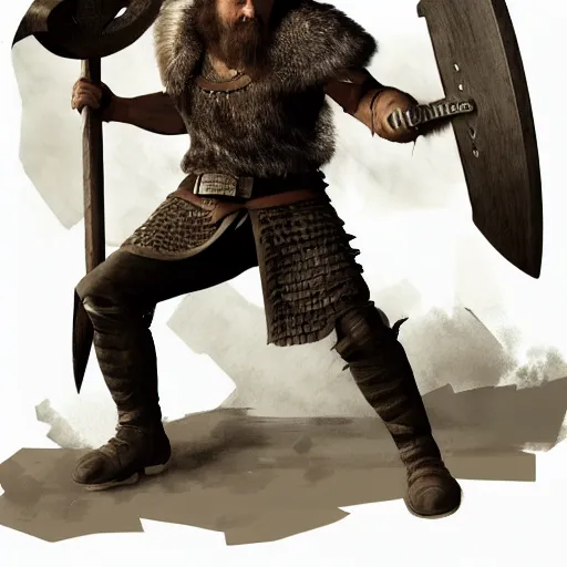 Prompt: a beautifully rendered digital scene of a viking holding a battleaxe above his head, angry expression, dynamic pose, detailed armor