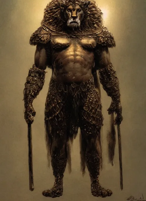 Prompt: hercules in lion ornamented armor, wearing cape, beksinski, hercules concept art, weta workshop concept art