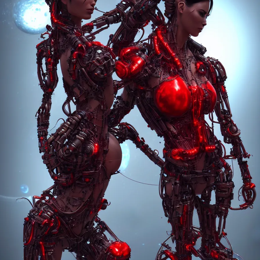 Prompt: muscular sweat lara croft, red biomechanical, inflateble shapes, wearing epic bionic cyborg implants, masterpiece, intricate, biopunk futuristic wardrobe, vogue, highly detailed, artstation, concept art, background galaxy, cyberpunk, octane render