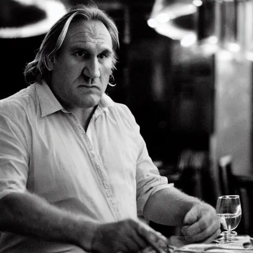 Prompt: Gerard Depardieu eating seafood, dramatic light, alone in a restaurant