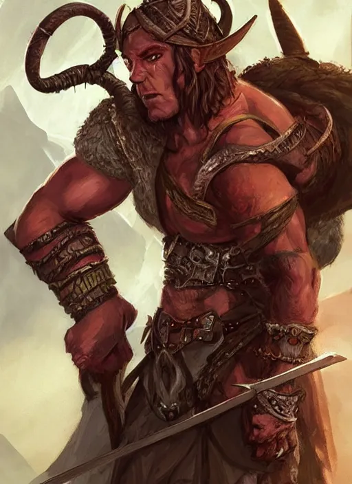 Image similar to tiefling barbarian, ultra detailed fantasy, dndbeyond, bright, colourful, realistic, dnd character portrait, full body, pathfinder, pinterest, art by ralph horsley, dnd, rpg, lotr game design fanart by concept art, behance hd, artstation, deviantart, hdr render in unreal engine 5