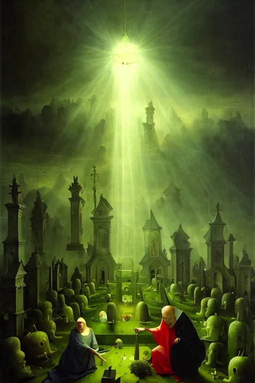 Prompt: hieronymus bosch, greg rutkowski, anna podedworna, painting of the broccoli, god rays, wide shot of a graveyard lit by spooky green lights