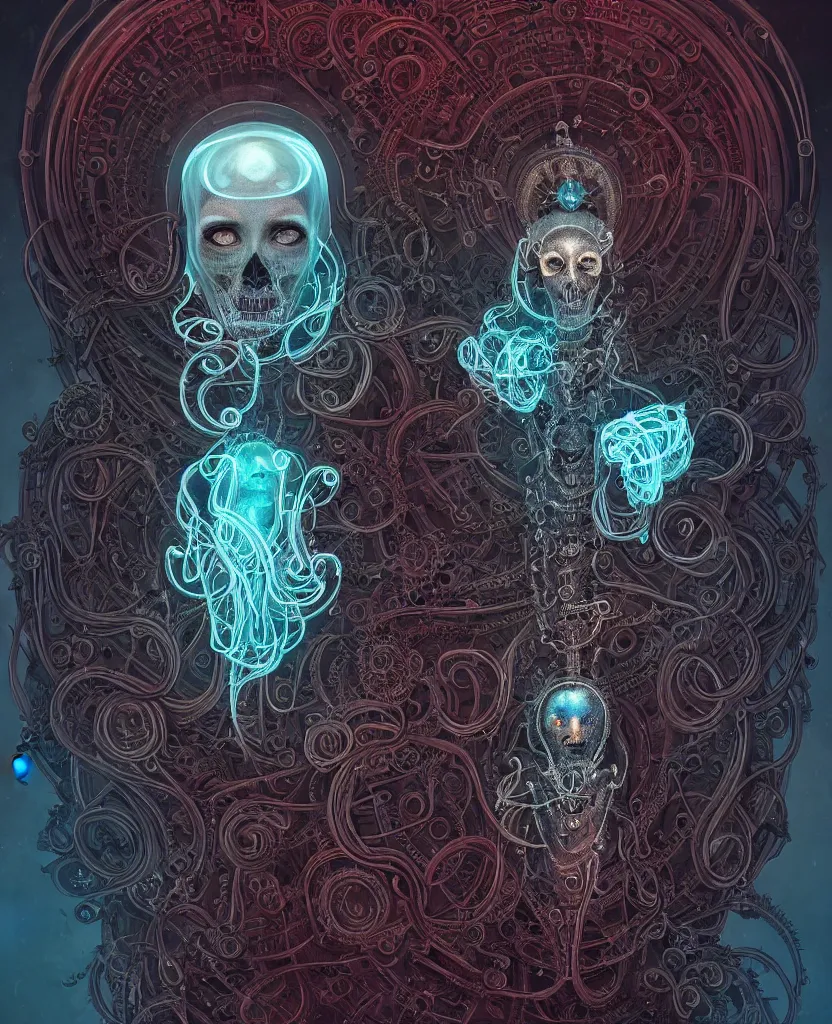 Image similar to queen of death. intricate portrait, occult cyberpunk, ancient futuristic, dark art, occult. intricate biomechanical, bioluminescent halo around head, mandala ornament, cybernetic glowing jellyfish, tentacles, by Petros Afshar, by artgerm, by Eddie Mendoza, by Peter mohrbacher by tooth wu, unreal engine, octane render, cinematic light, high details, iridescent colors