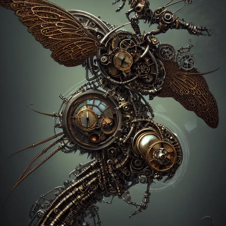 Image similar to steampunk cybernetic biomechanical fly with wings, 3 d model, unreal engine realistic render, 8 k, micro detail, intricate, elegant, highly detailed, centered, digital painting, artstation, smooth, sharp focus, illustration, artgerm, tomasz alen kopera, wlop