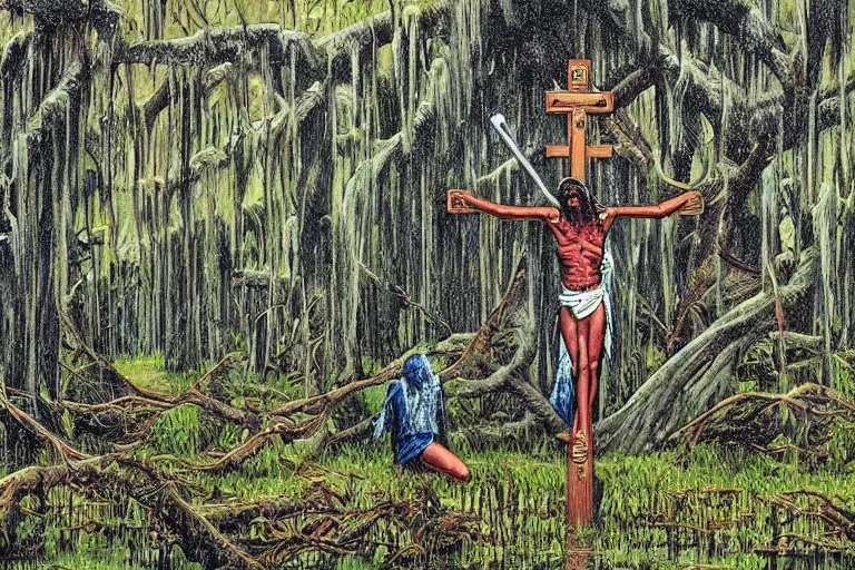 Prompt: scene from louisiana swamps, secret voodoo cult, crucifixion on a tree, artwork by jean giraud