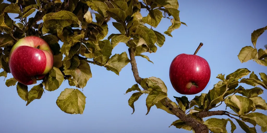 Image similar to a close - up photographic picture of an apple on a tree, photographic filter, unreal engine 5, realistic, hyperdetailed, 8 k, cinematic, volumetric lighting, very realistic effect, hd, hdr, 4 k, sharp focus, octane render, ultra detailed, high resolution, trending on artstation in the style of albert dros glowing rich colors powerful imagery