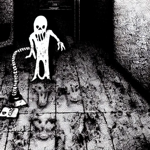 Image similar to Creepy pale ghost surrounded by cables in dirty motel room, red devil carpet | cyanotype 70's scratched photo | Aesthetics of Silent Hill 2 game