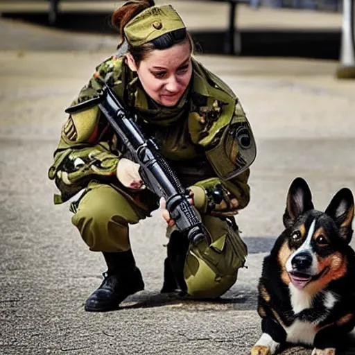 Prompt: female soldier with corgi sniffer dog, old photograph in sci-fi city