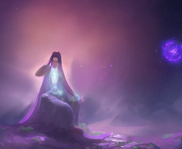 Prompt: an illustration of a mystical spiritual scene with a young woman in it, with starry dusted light, purple - tinted, wide - angle, high contrast, highly detailed, sharp focus, digital painting, illustration, trending on artstation,