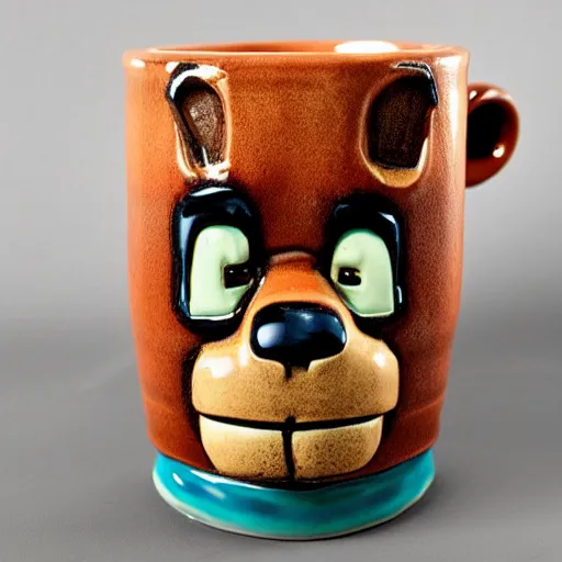 Prompt: ceramic mug in the shape of freddy fazbear