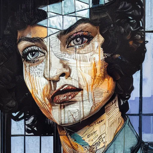 Image similar to by sandra chevrier chestnut, slate grey hyperdetailed. a installation art of a handsome 2 1 savage seated at a window, looking out at the viewer with a serene expression on his face. the light from the window illuminates her features & creates a warm, inviting atmosphere. the essence of beauty & tranquility.