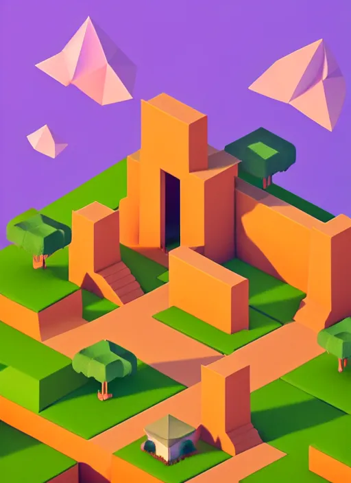 Image similar to a low poly isometric render of a kerala village in the style of monument valley, intricate, elegant, smooth, illustration, simple, solid shapes, by jakub gazmercik, makoto shinkai, max masnyy, jakub gazmercik, beeple, patrick faulwetter, and mc escher, octane render