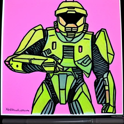 Image similar to master chief drawn with markers, background colored pink