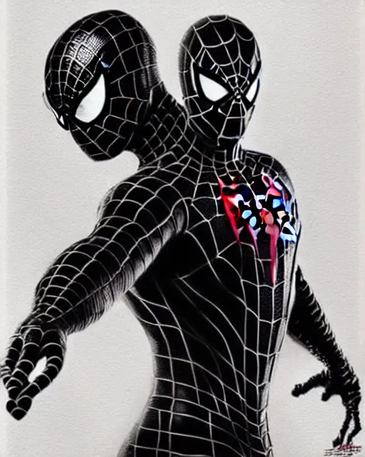 Image similar to A black substance is taking control of spiderman, highly detailed, intricate reflection patterns, sharp focus, art by Artgerm and Greg Rutkowski and WLOP