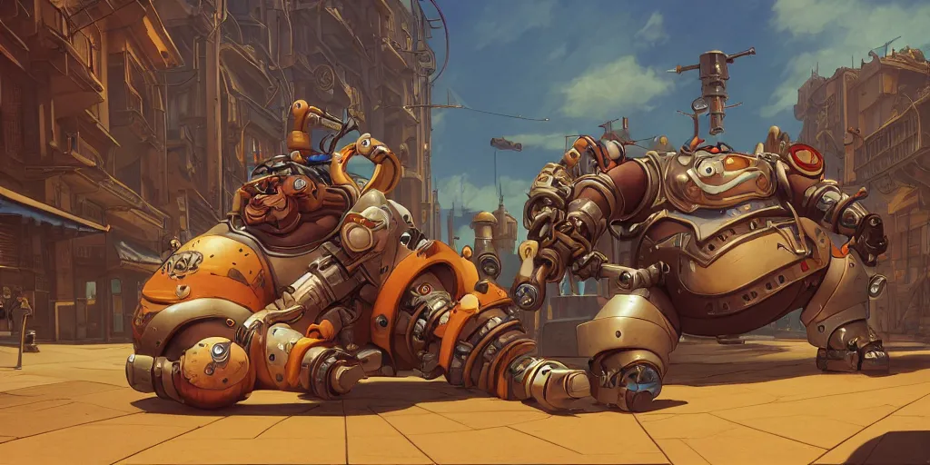 Image similar to roadhog from overwatch in style of the 1 9 9 0 disney cartoon, cinematic shot, octane render dieselpunk style, steampunk, art by jean giraud and moebius ; architecture by francois schuiten, illustration, drawing, painting, clean lines, digital art, symmetric, retrofutur, detailed, artstation