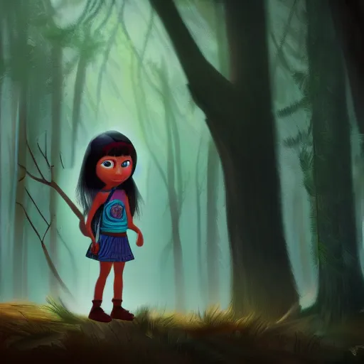 Image similar to medium shot native american girl, in a dark forest, mysterious, backlit, still from a pixar dreamworks movie, trending on artstation