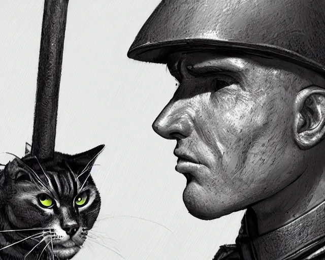 Image similar to A soldier with a hateful face aiming at a cat, long shot, world war 1, close-up, realistic face, beautiful face detail, mature facial features, black and white, amazing digital art, hyper detailed, artstation, in the style of Tony Sart