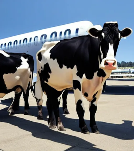 Prompt: intelligent dairy humanoid cows wearing suit boarding an airliner at airport