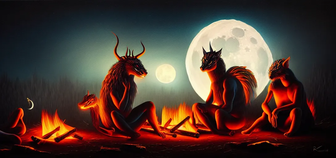 Image similar to strange mythical beasts of sitting around a fire under a full moon, surreal dark uncanny painting by ronny khalil