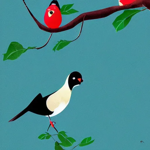 Image similar to A little bird trying to carry fruit from the ground to the tree where the nest is with its young, ilustration art by Goro Fujita