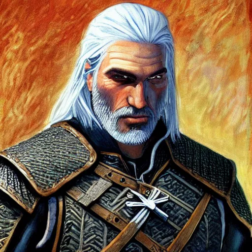 Prompt: Geralt of Rivia painted in the style of Claude Monet, very detailed