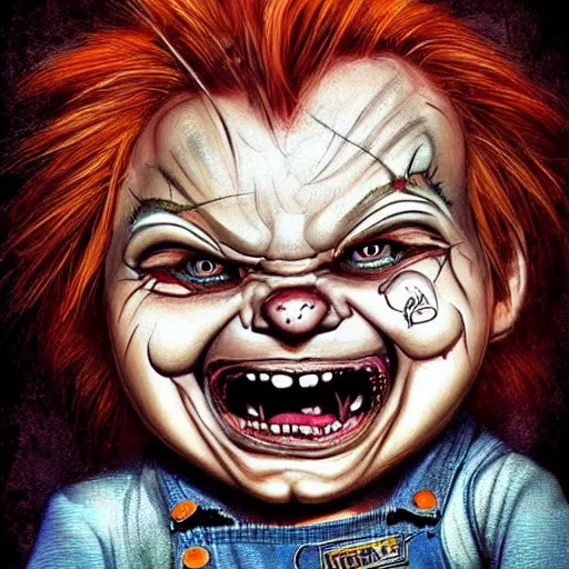 Image similar to surrealism grunge cartoon portrait sketch of chucky with a wide smile, by michael karcz, loony toons style, freddy krueger style, horror theme, detailed, elegant, intricate