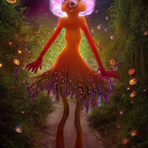 Prompt: a anthro fungal mushroom woman with long arms and long legs wearing a floral dress, fireflies, vivid colours, ultra realistic,, cg society contest winner, behance contest winner, artstation, 4 k uhd art, unreal engine 5