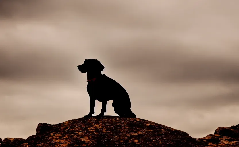 Image similar to movie still of a dog standing on top of a mountain, silhouette, natural light, cinematic lighting, 8 k